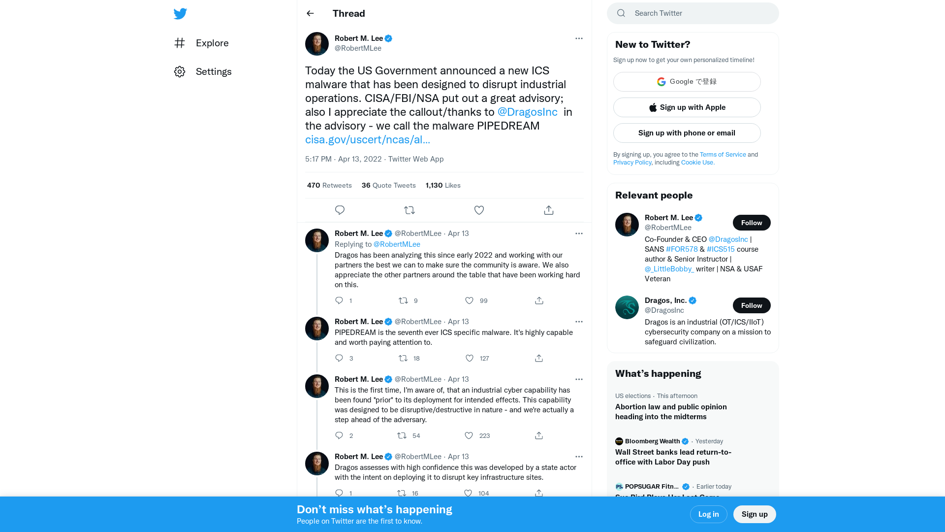 Robert M. Lee on Twitter: "Today the US Government announced a new ICS malware that has been designed to disrupt industrial operations. CISA/FBI/NSA put out a great advisory; also I appreciate the callout/thanks to @DragosInc in the advisory - we call the malware PIPEDREAM https://t.co/ZuqwKzzYq3" / Twitter