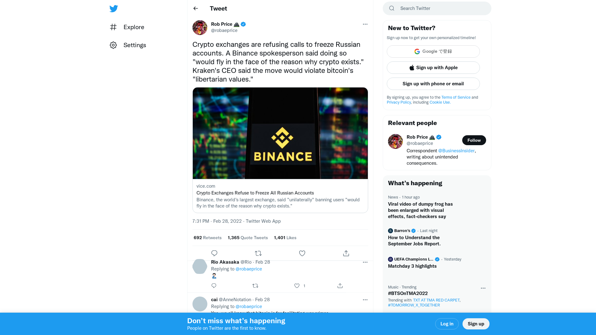 Rob Price 🏔 on Twitter: "Crypto exchanges are refusing calls to freeze Russian accounts. A Binance spokesperson said doing so "would fly in the face of the reason why crypto exists." Kraken's CEO said the move would violate bitcoin's "libertarian values." https://t.co/ocl1CWOgTa" / Twitter