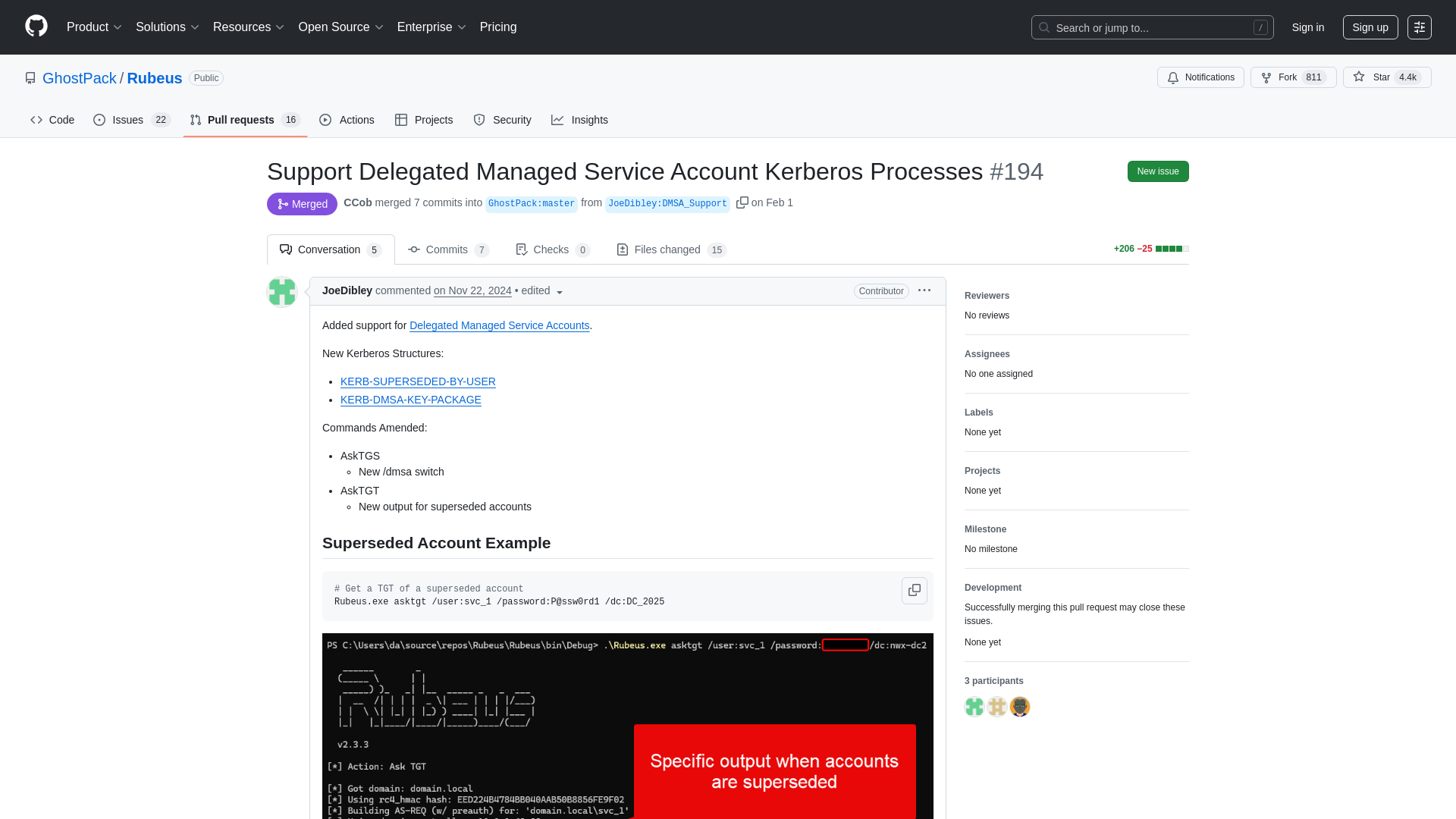 Support Delegated Managed Service Account Kerberos Processes by JoeDibley · Pull Request #194 · GhostPack/Rubeus · GitHub