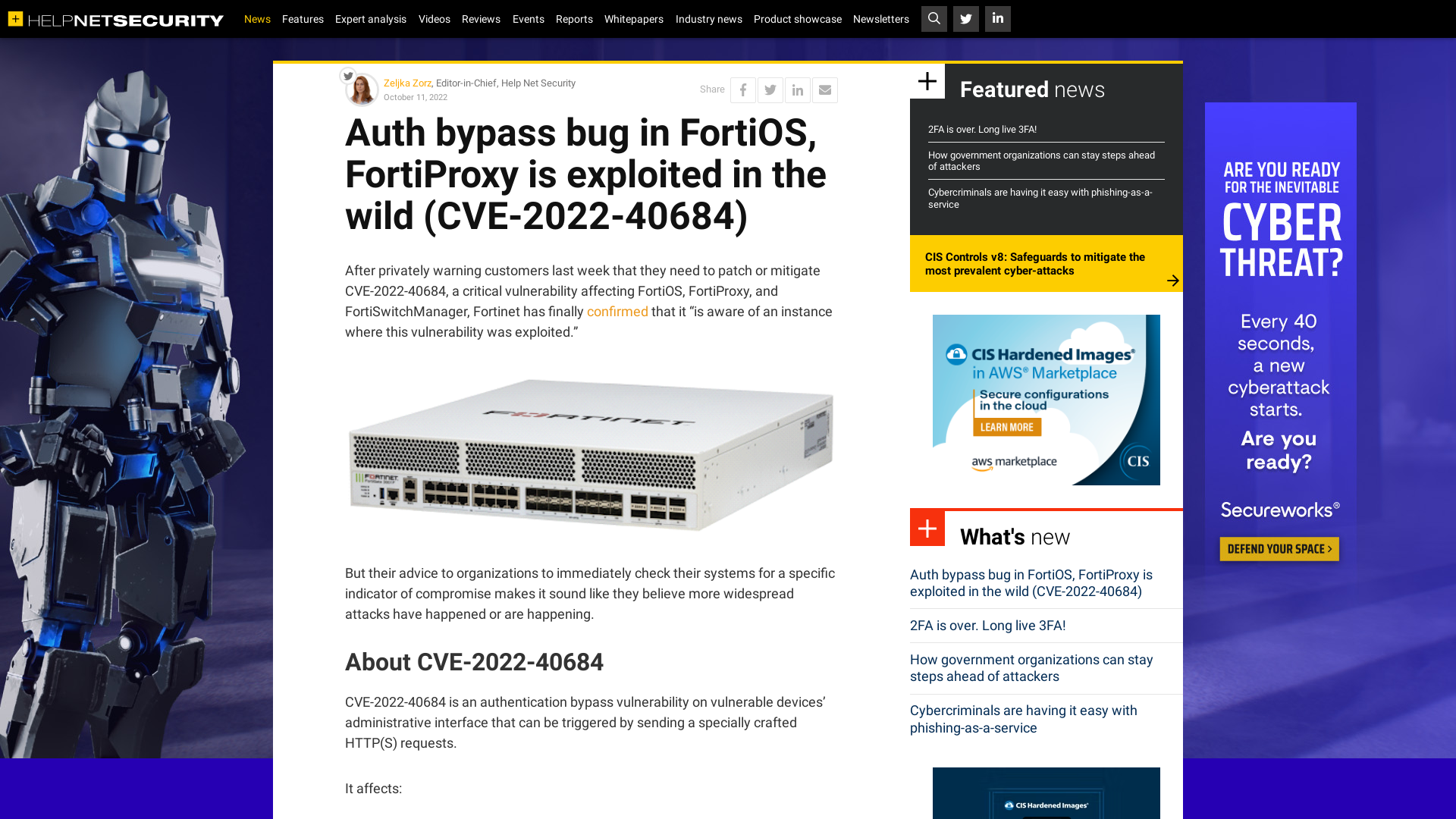Auth bypass bug in FortiOS, FortiProxy is exploited in the wild (CVE-2022-40684) - Help Net Security
