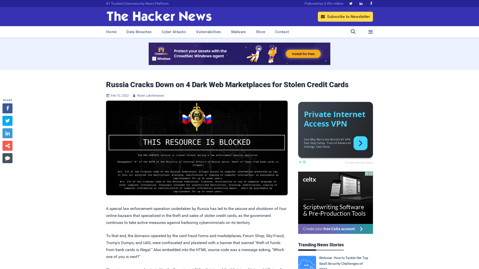 Russia Cracks Down on 4 Dark Web Marketplaces for Stolen Credit Cards
