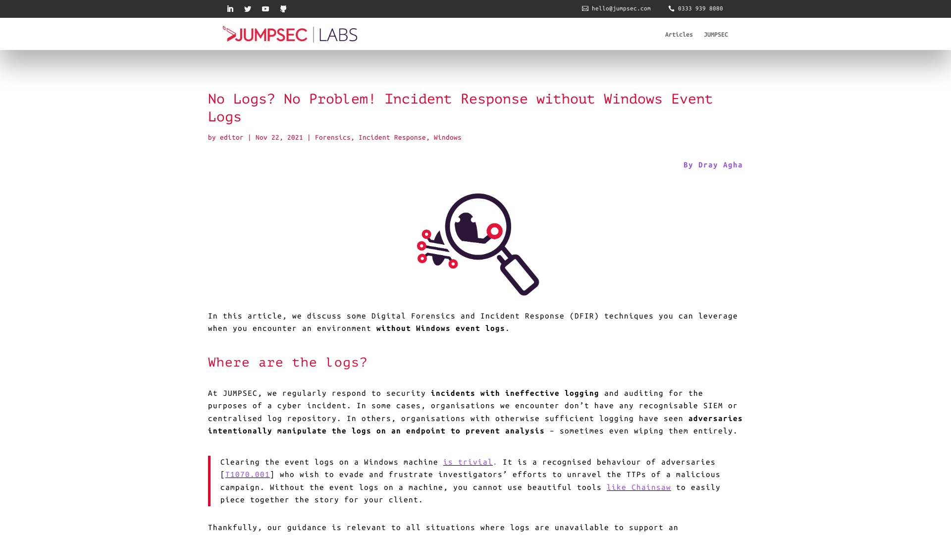 No Logs? No Problem! Incident Response without Windows Event Logs | JUMPSEC LABS