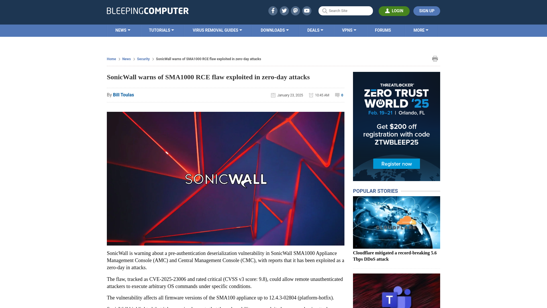 SonicWall warns of SMA1000 RCE flaw exploited in zero-day attacks