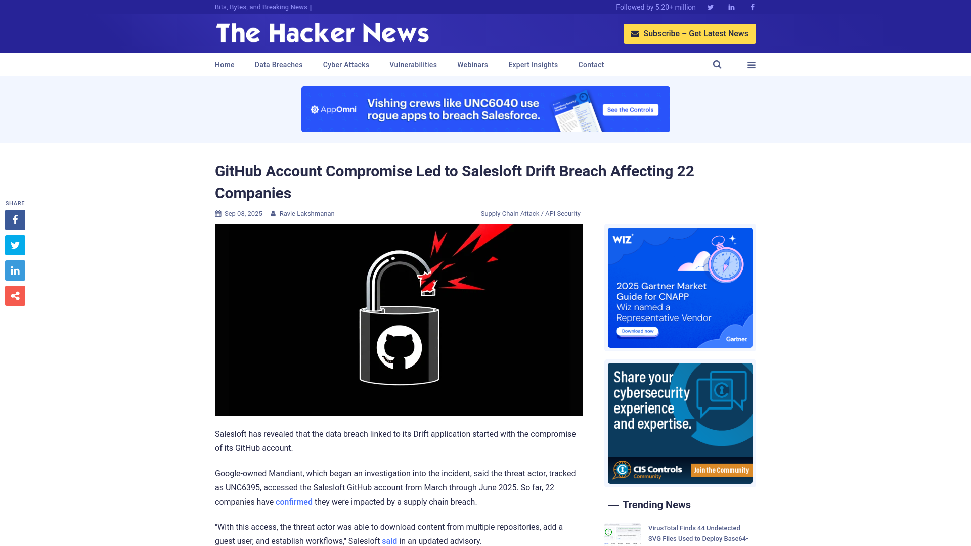 GitHub Account Compromise Led to Salesloft Drift Breach Affecting 22 Companies
