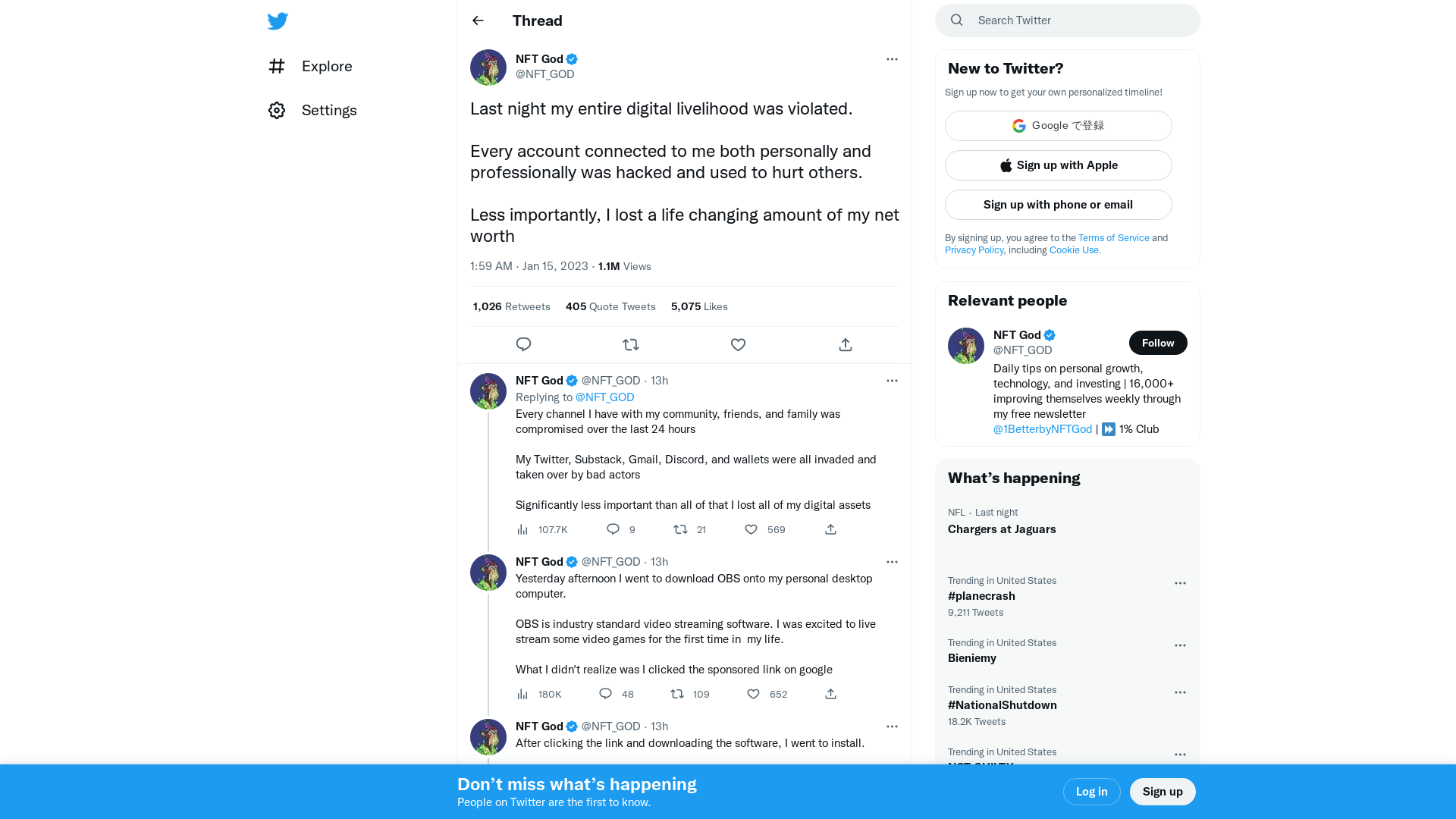 NFT God on Twitter: "Last night my entire digital livelihood was violated. Every account connected to me both personally and professionally was hacked and used to hurt others. Less importantly, I lost a life changing amount of my net worth" / Twitter