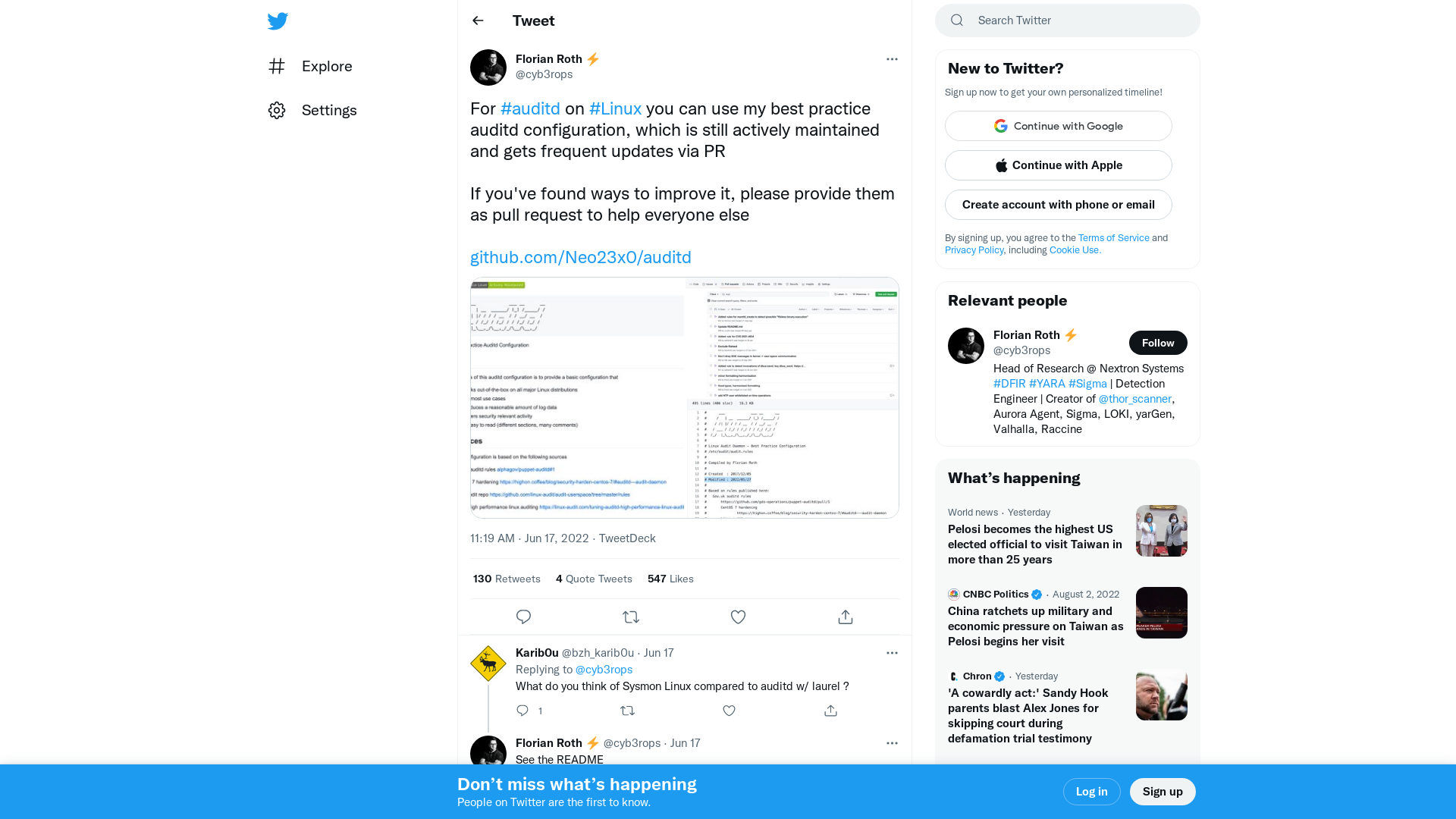 Florian Roth ⚡ on Twitter: "For #auditd on #Linux you can use my best practice auditd configuration, which is still actively maintained and gets frequent updates via PR If you've found ways to improve it, please provide them as pull request to help everyone else https://t.co/sRF2MylNah https://t.co/13nDEwE4zx" / Twitter