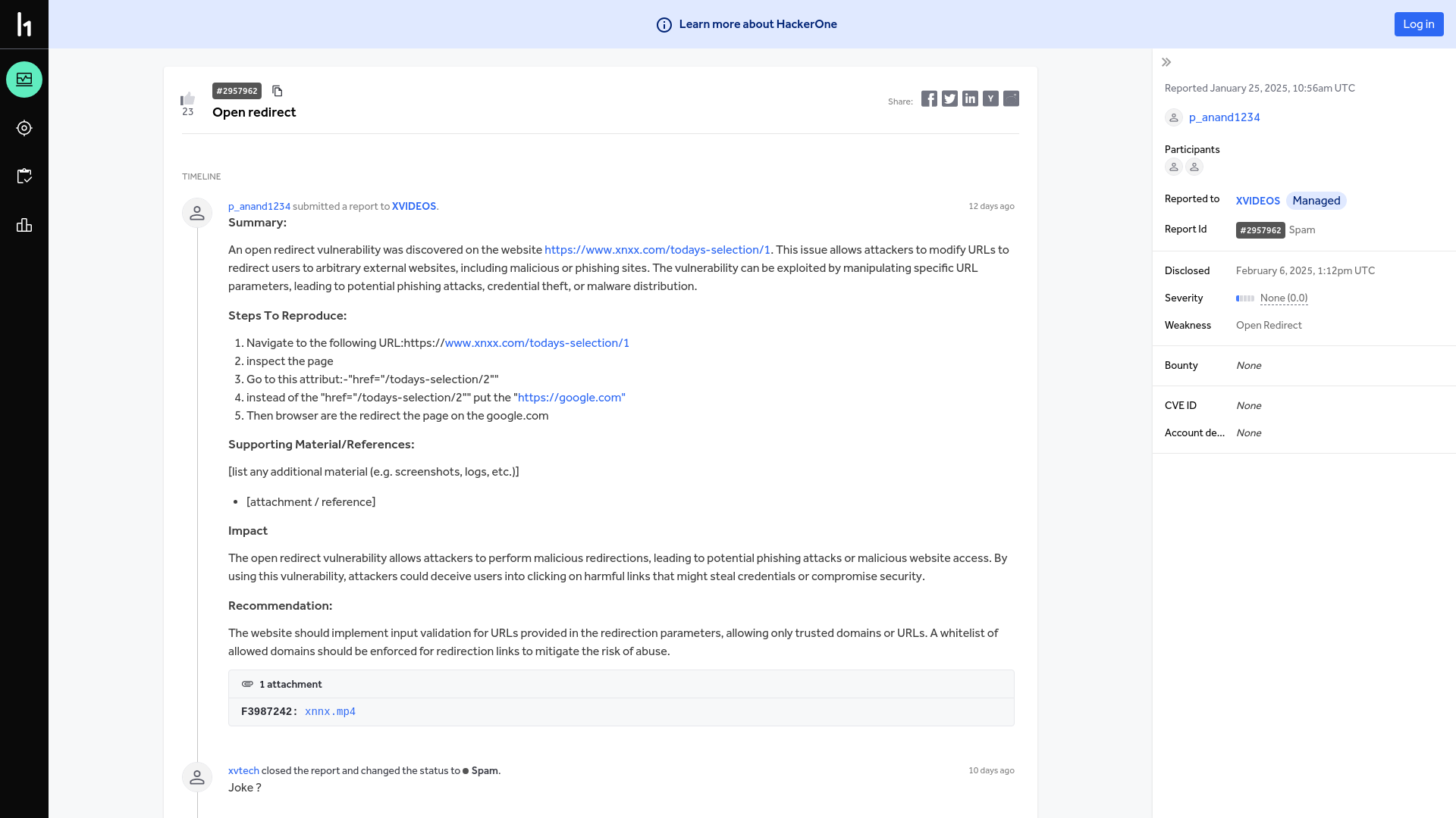 XVIDEOS | Report #2957962 - Open redirect | HackerOne