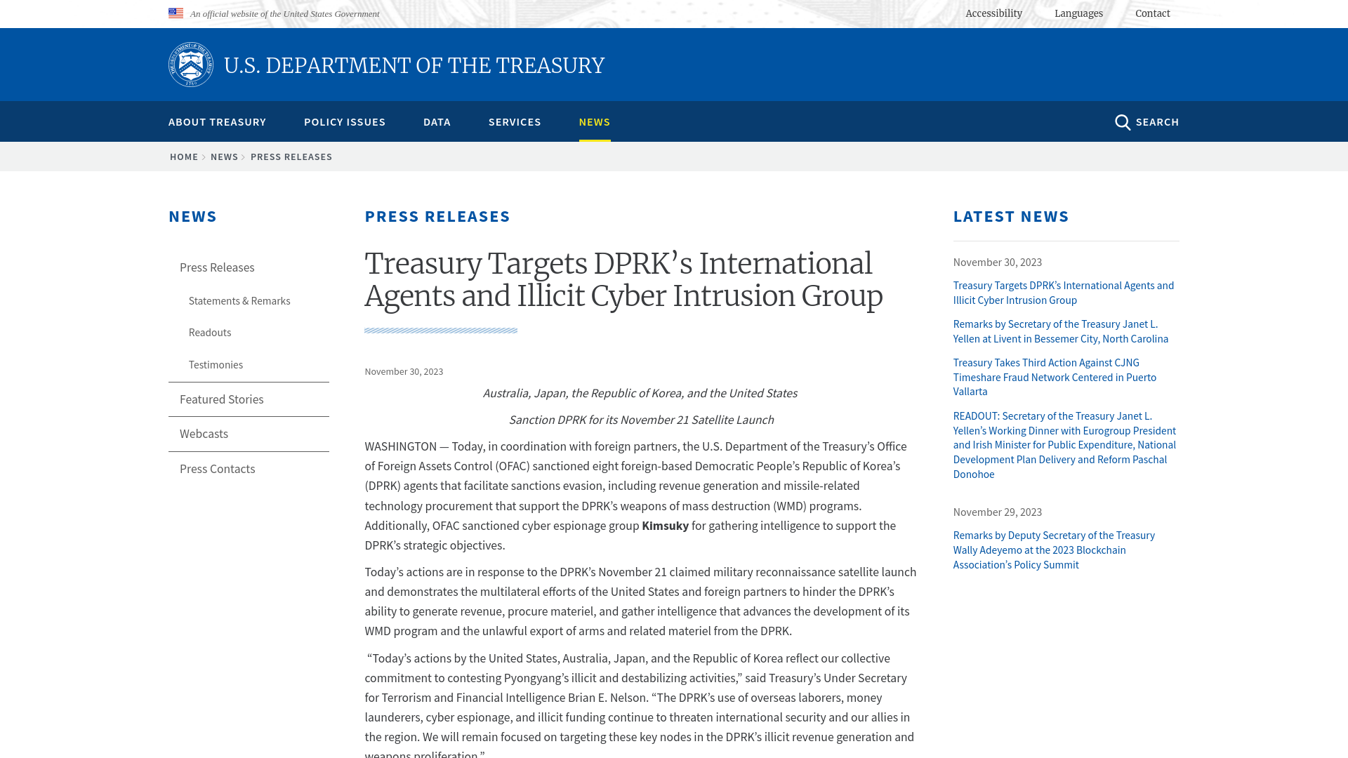 Treasury Targets DPRK’s International Agents and Illicit Cyber Intrusion Group | U.S. Department of the Treasury