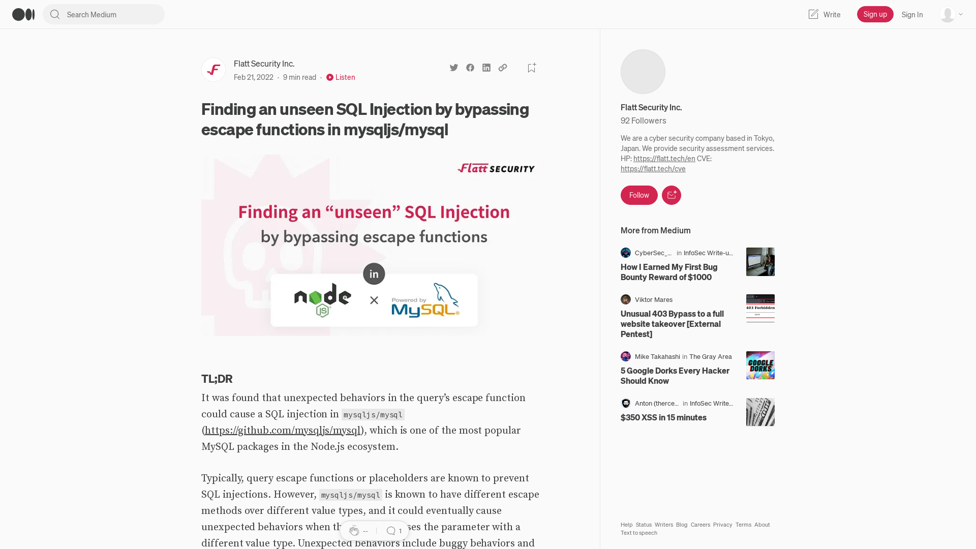 Finding an unseen SQL Injection by bypassing escape functions in mysqljs/mysql | by Flatt Security Inc. | Medium