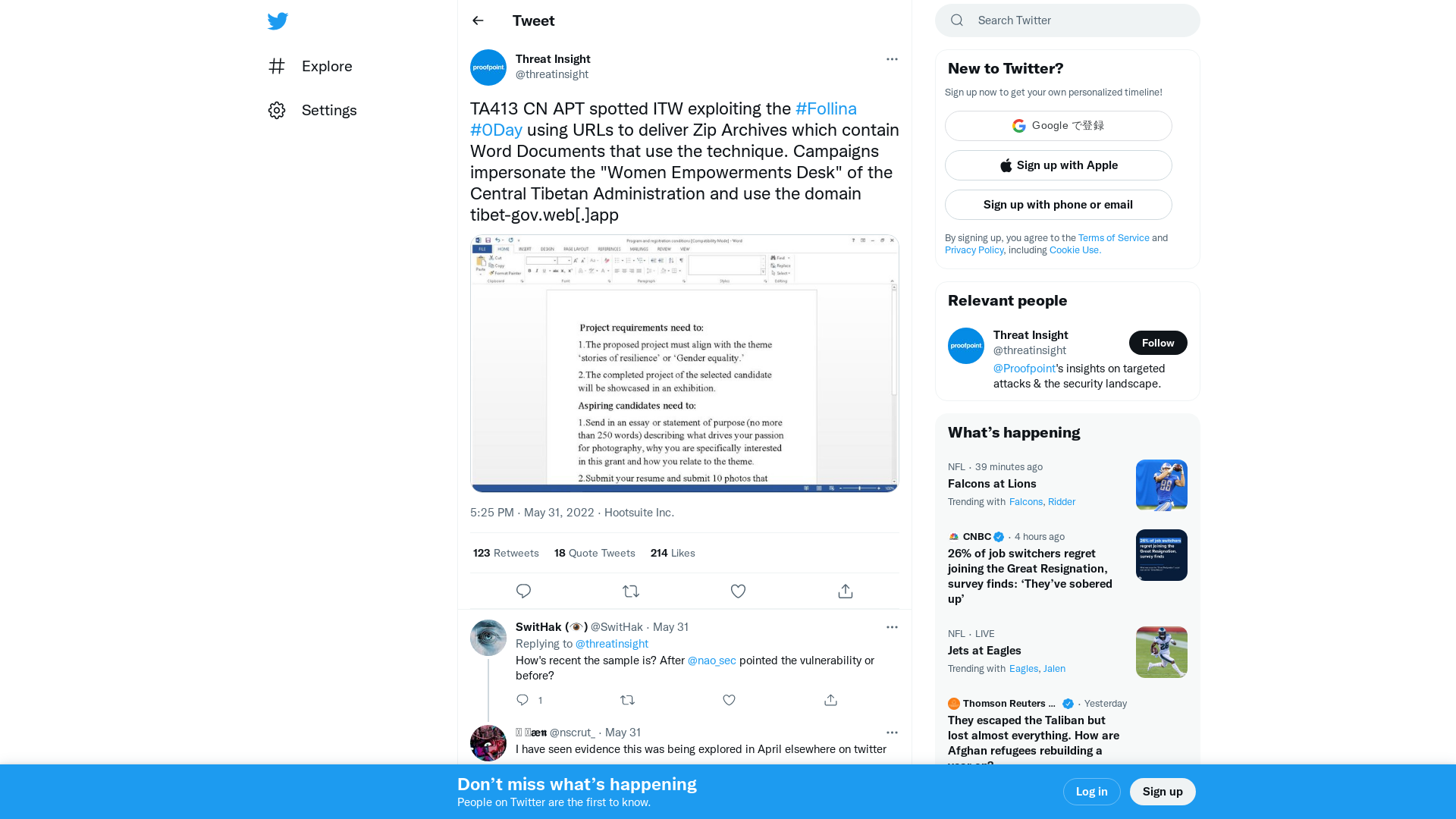 Threat Insight on Twitter: "TA413 CN APT spotted ITW exploiting the #Follina #0Day using URLs to deliver Zip Archives which contain Word Documents that use the technique. Campaigns impersonate the "Women Empowerments Desk" of the Central Tibetan Administration and use the domain tibet-gov.web[.]app https://t.co/4FA9Vzoqu4" / Twitter