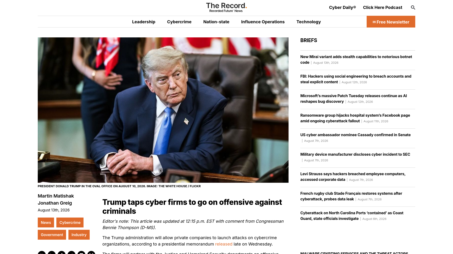 Trump taps cyber firms to go on offensive against criminals | The Record from Recorded Future News