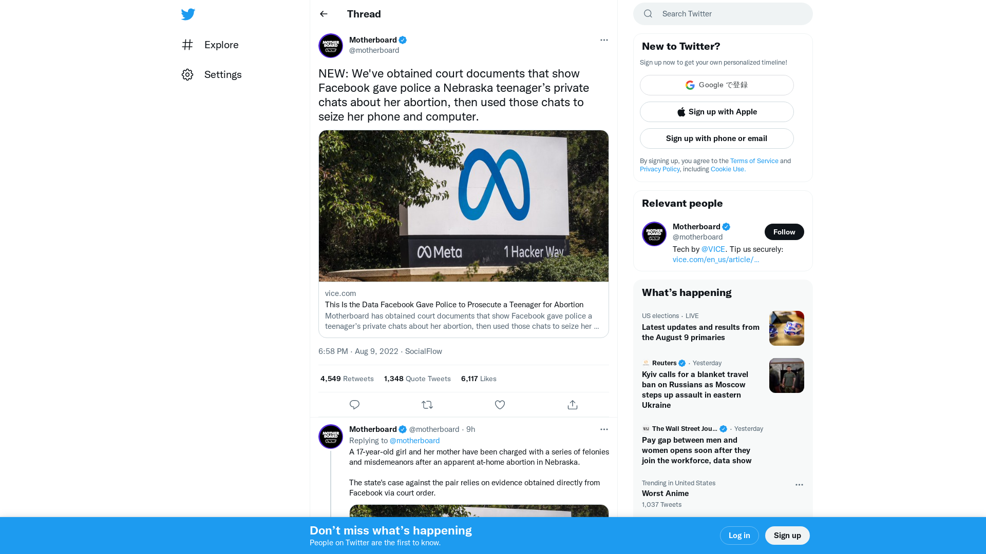 Motherboard on Twitter: "NEW: We've obtained court documents that show Facebook gave police a Nebraska teenager’s private chats about her abortion, then used those chats to seize her phone and computer. https://t.co/7pQT5ag4DH" / Twitter