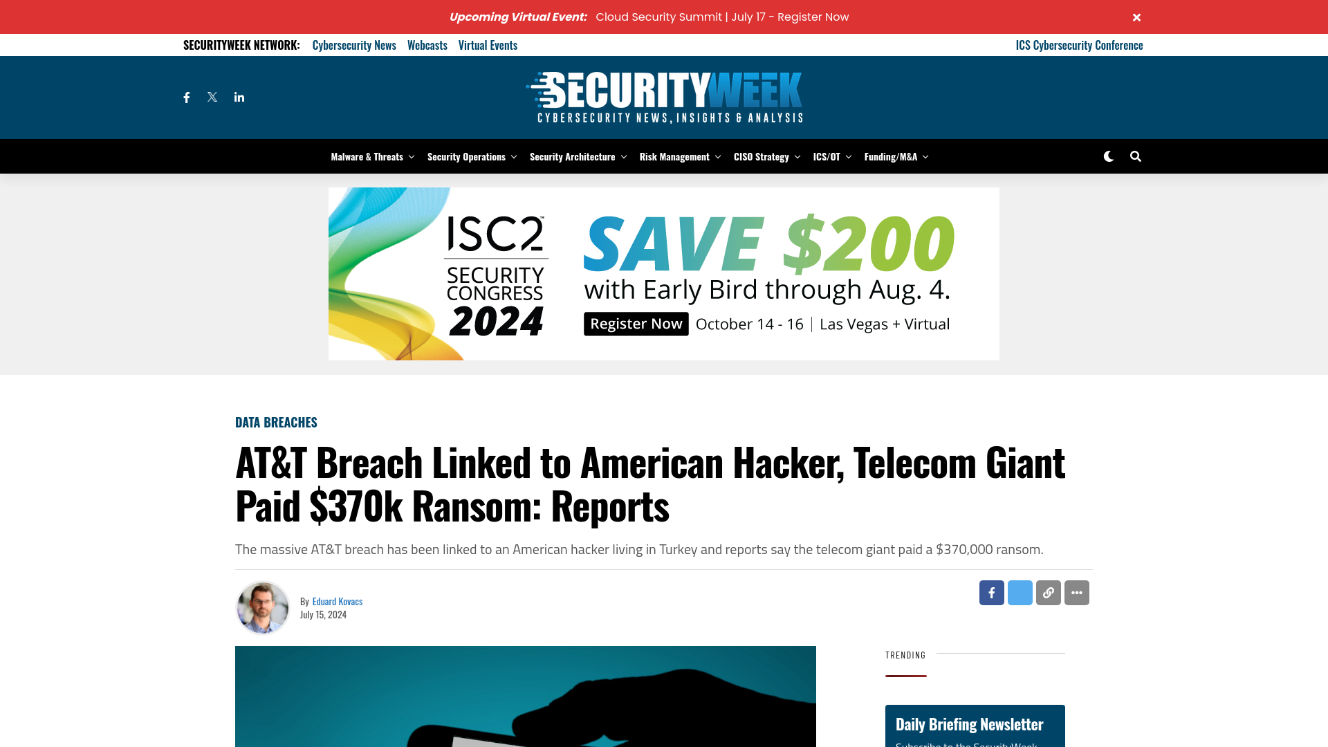 AT&T Breach Linked to American Hacker, Telecom Giant Paid $370k Ransom: Reports - SecurityWeek