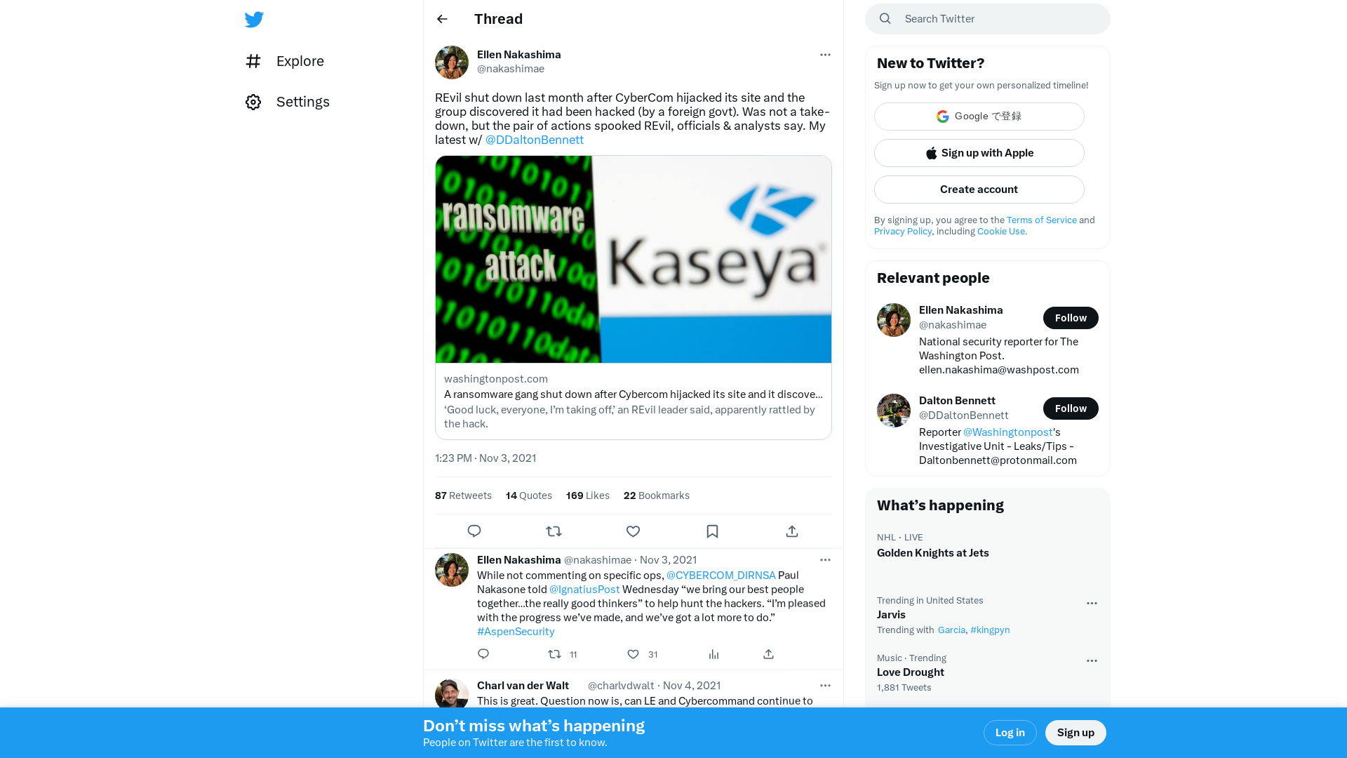 Ellen Nakashima on Twitter: "REvil shut down last month after CyberCom hijacked its site and the group discovered it had been hacked (by a foreign govt). Was not a take-down, but the pair of actions spooked REvil, officials &amp; analysts say. My latest w/ @DDaltonBennett https://t.co/MR5IdxDUBD" / Twitter