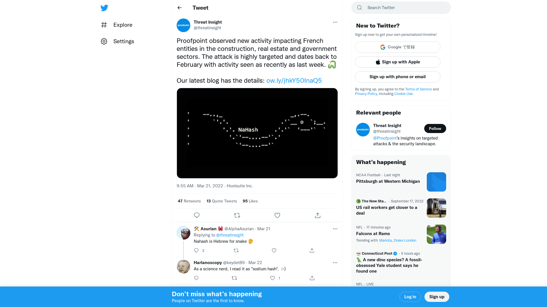 Threat Insight on Twitter: "Proofpoint observed new activity impacting French entities in the construction, real estate and government sectors. The attack is highly targeted and dates back to February with activity seen as recently as last week. 🐍 Our latest blog has the details: https://t.co/Jb7ks2BpvM https://t.co/Os1PShnTEE" / Twitter