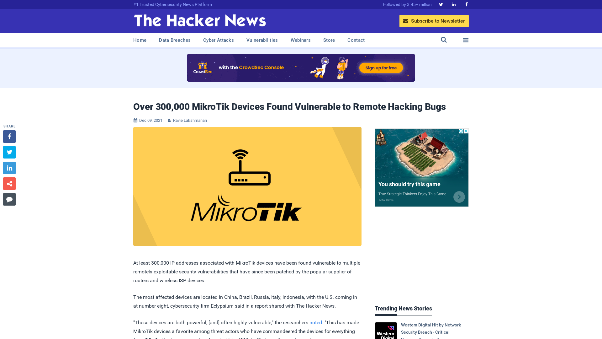 Over 300,000 MikroTik Devices Found Vulnerable to Remote Hacking Bugs