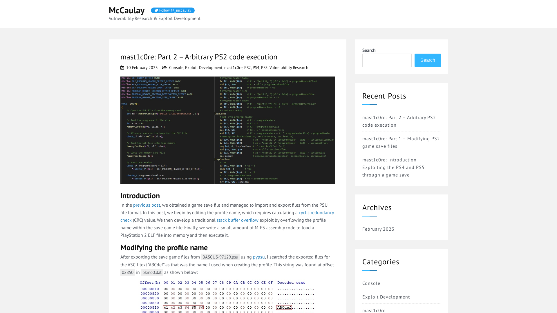 mast1c0re: Part 2 – Arbitrary PS2 code execution – McCaulay