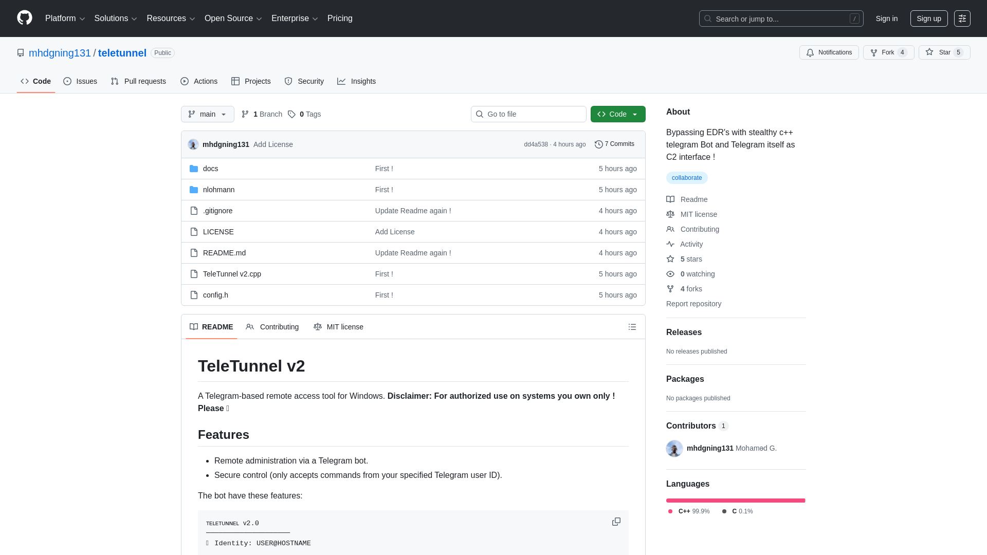 GitHub - mhdgning131/teletunnel: Bypassing EDR's with stealthy c++ telegram Bot and Telegram itself as C2 interface ! · GitHub