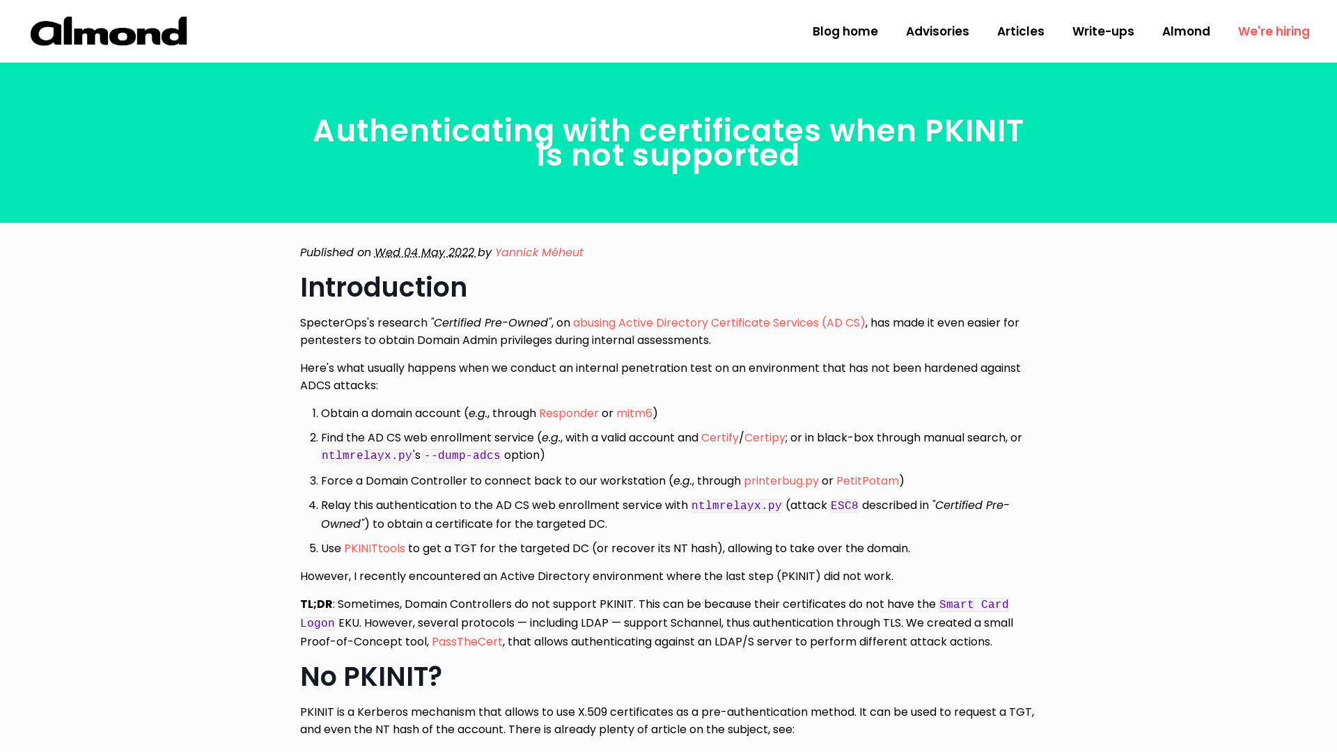Authenticating with certificates when PKINIT is not supported - Almond Offensive Security Blog