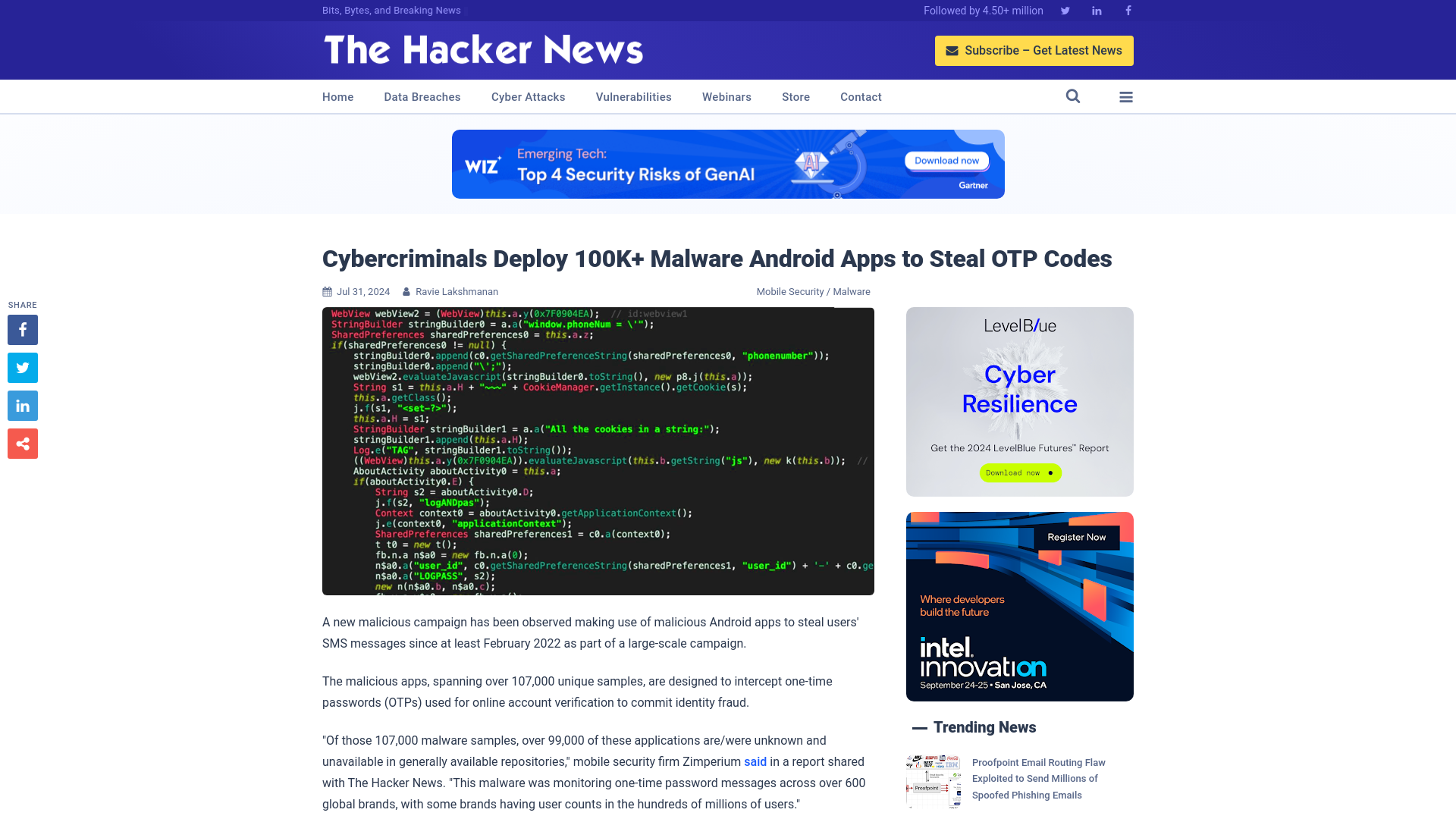 Cybercriminals Deploy 100K+ Malware Android Apps to Steal OTP Codes