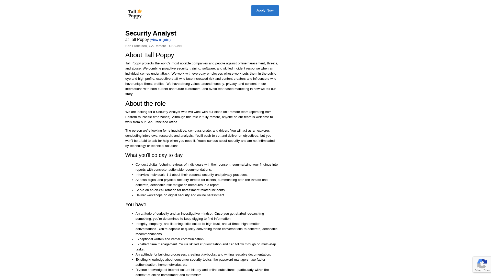 Job Application for Security Analyst at Tall Poppy