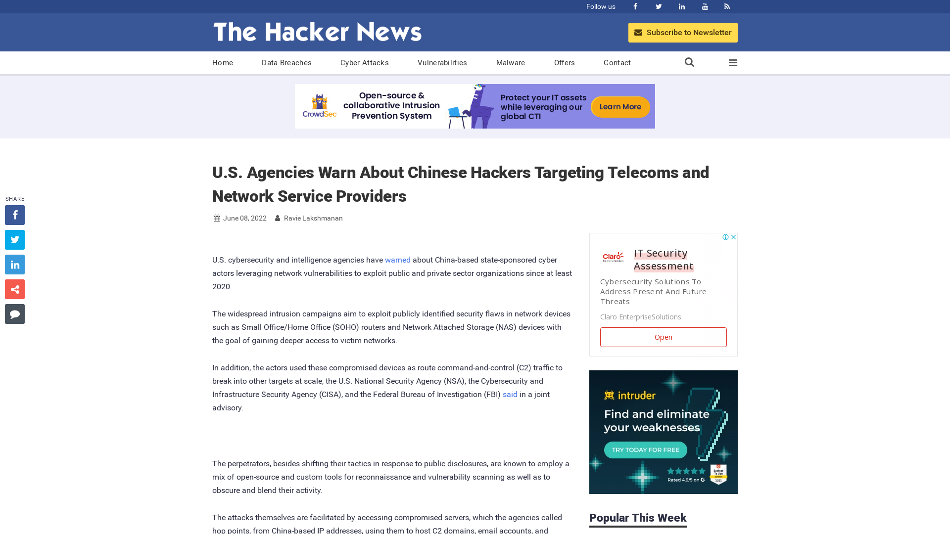 U.S. Agencies Warn About Chinese Hackers Targeting Telecoms and Network Service Providers