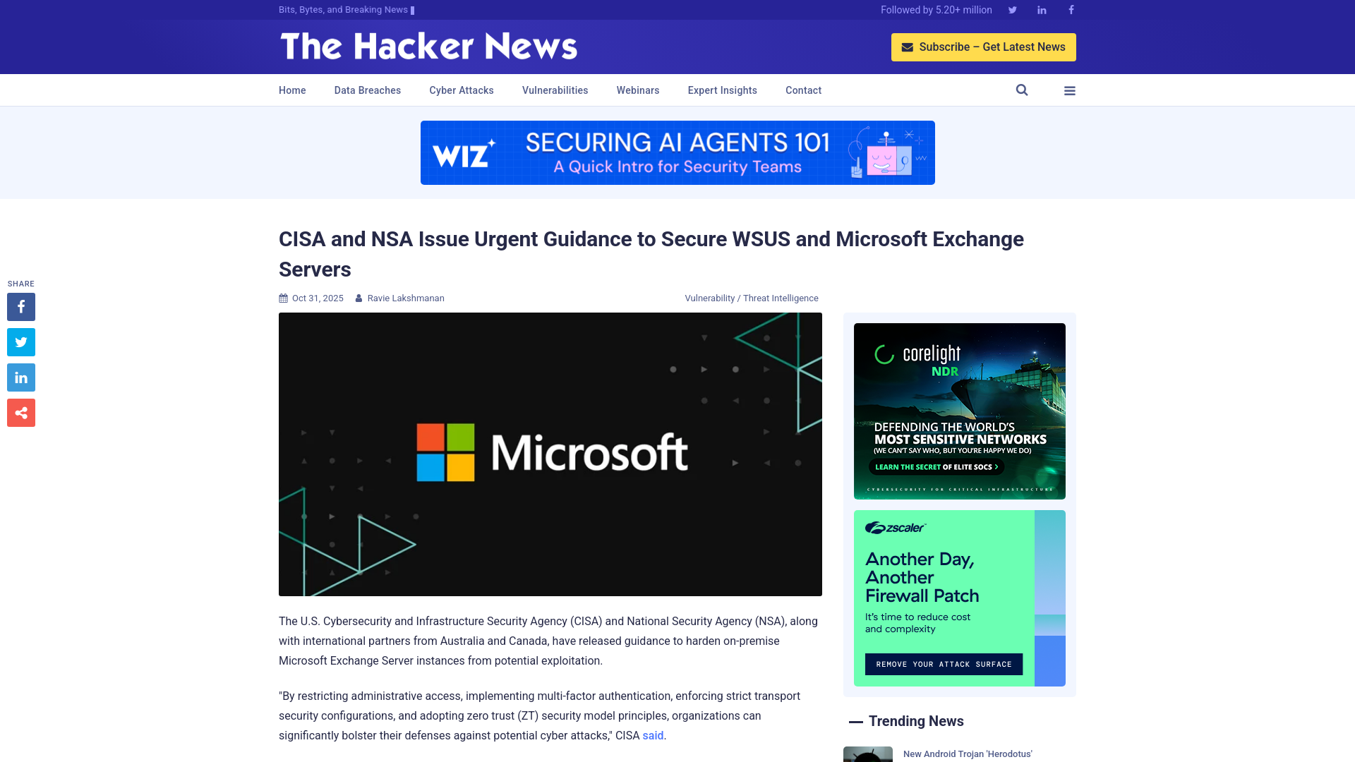 CISA and NSA Issue Urgent Guidance to Secure WSUS and Microsoft Exchange Servers