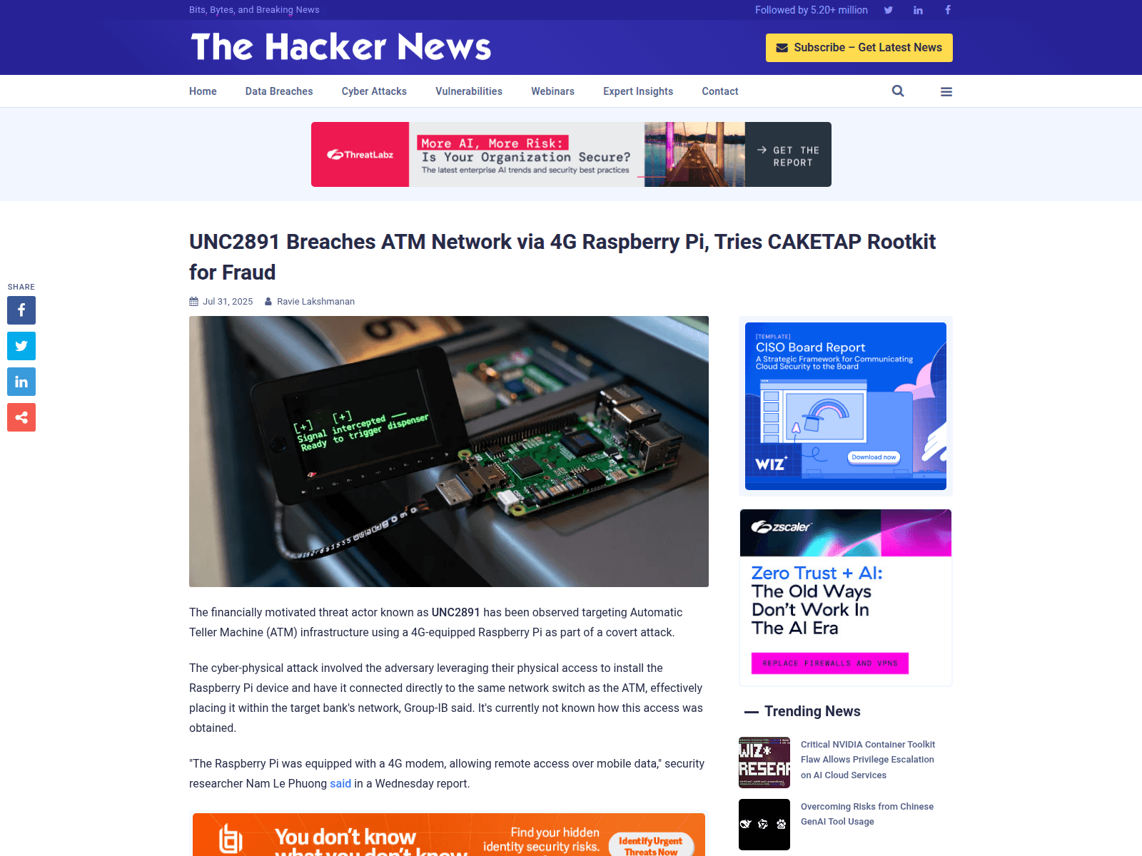UNC2891 Breaches ATM Network via 4G Raspberry Pi, Tries CAKETAP Rootkit for Fraud