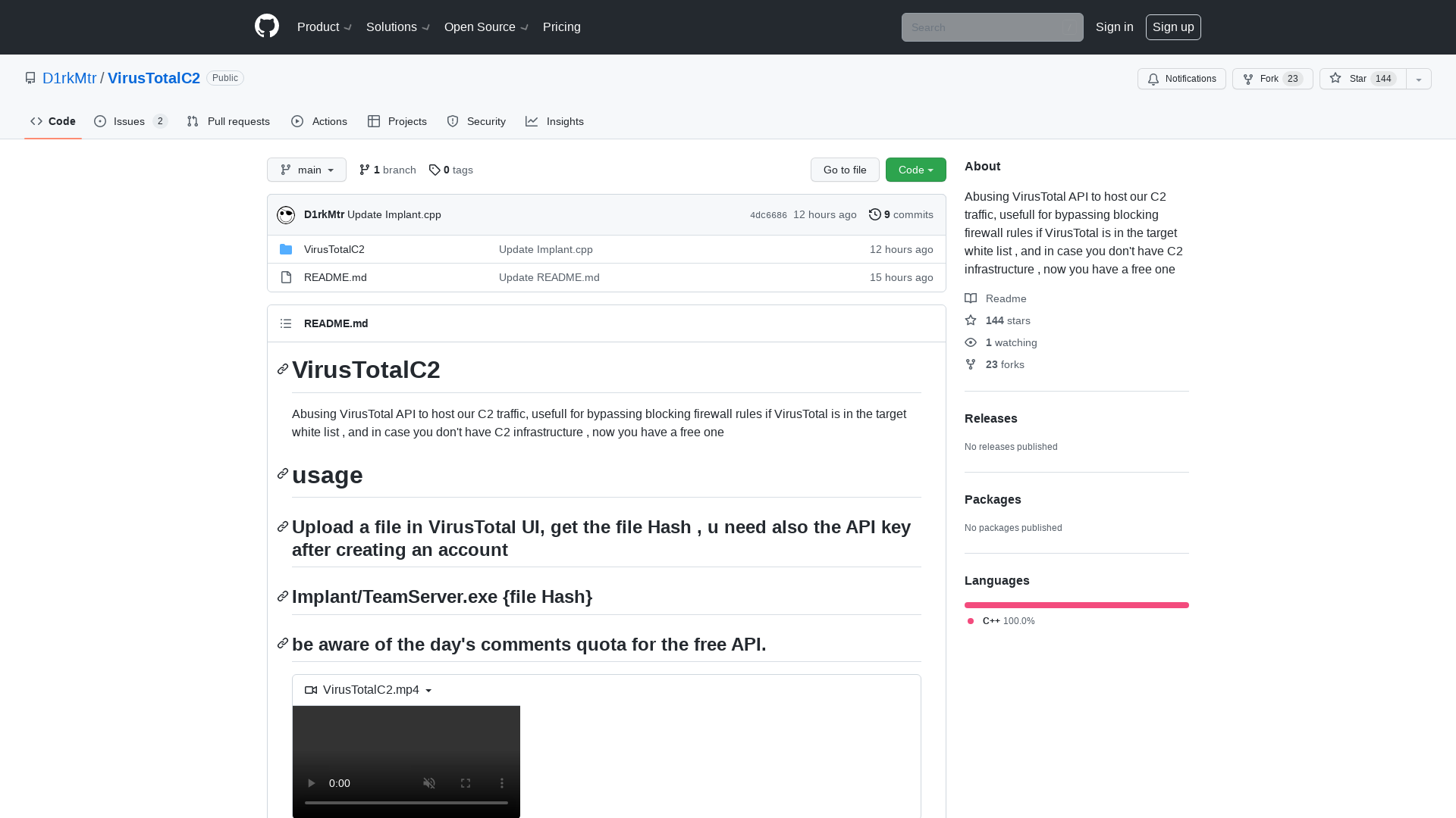 GitHub - D1rkMtr/VirusTotalC2: Abusing VirusTotal API to host our C2 traffic, usefull for bypassing blocking firewall rules if VirusTotal is in the target white list , and in case you don't have C2 infrastructure , now you have a free one