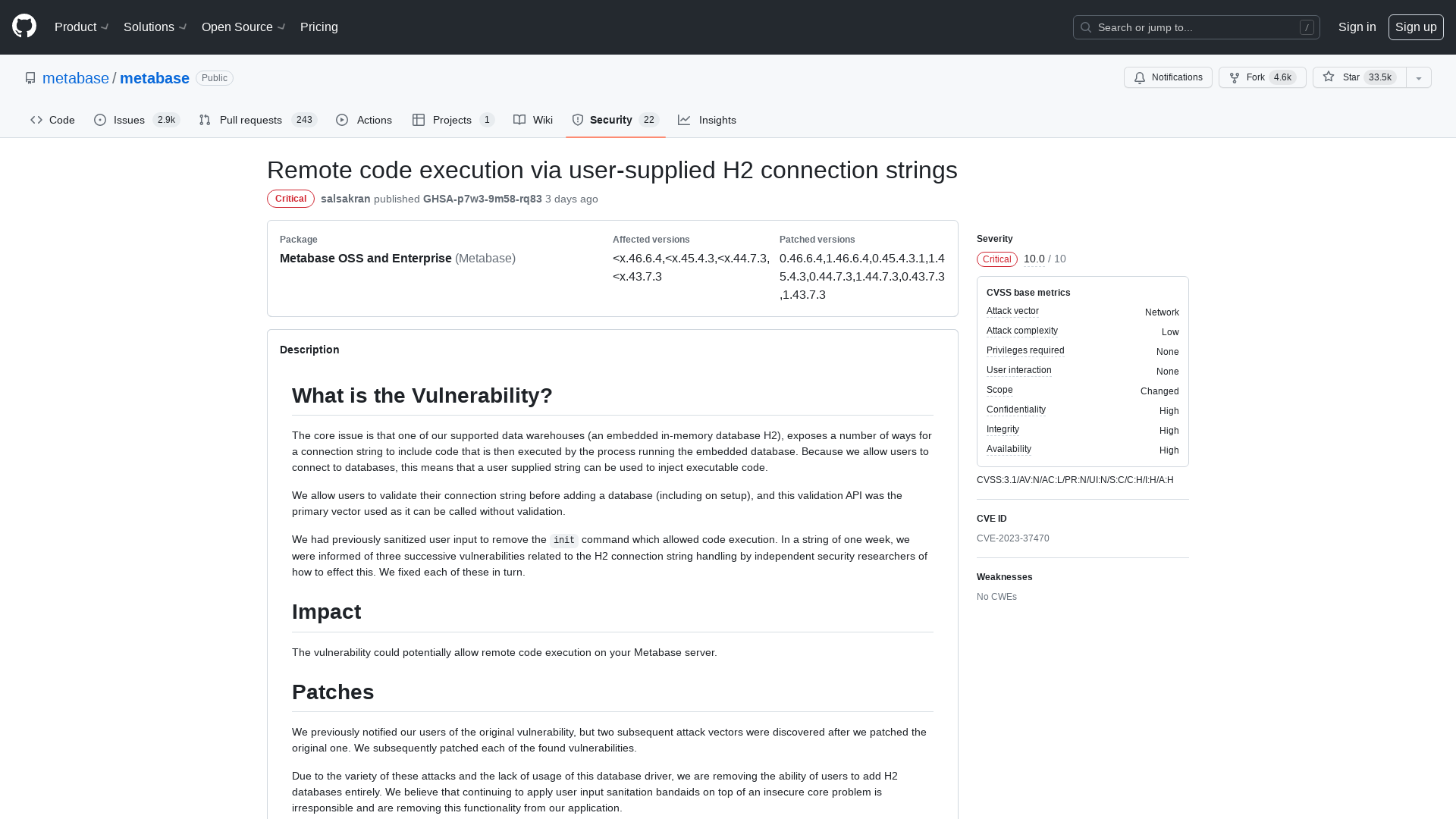 Remote code execution via user-supplied H2 connection strings · Advisory · metabase/metabase · GitHub