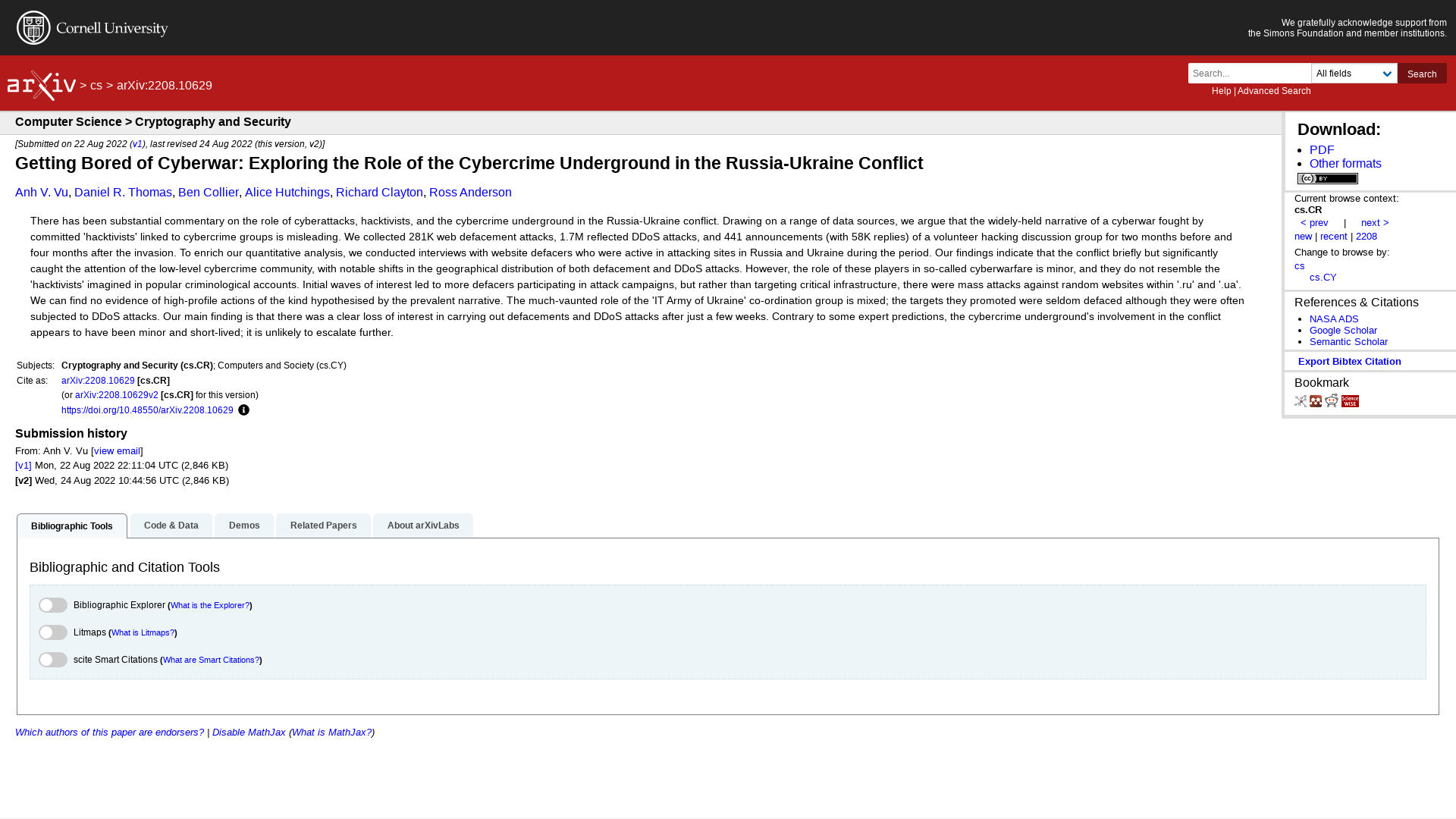 [2208.10629] Getting Bored of Cyberwar: Exploring the Role of the Cybercrime Underground in the Russia-Ukraine Conflict