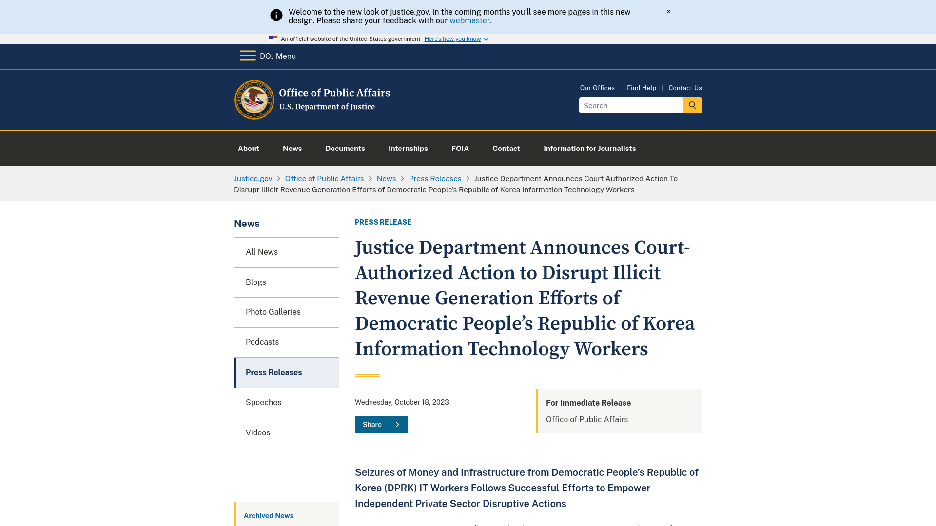 Office of Public Affairs | Justice Department Announces Court-Authorized Action to Disrupt Illicit Revenue Generation Efforts of Democratic People’s Republic of Korea Information Technology Workers | United States Department of Justice