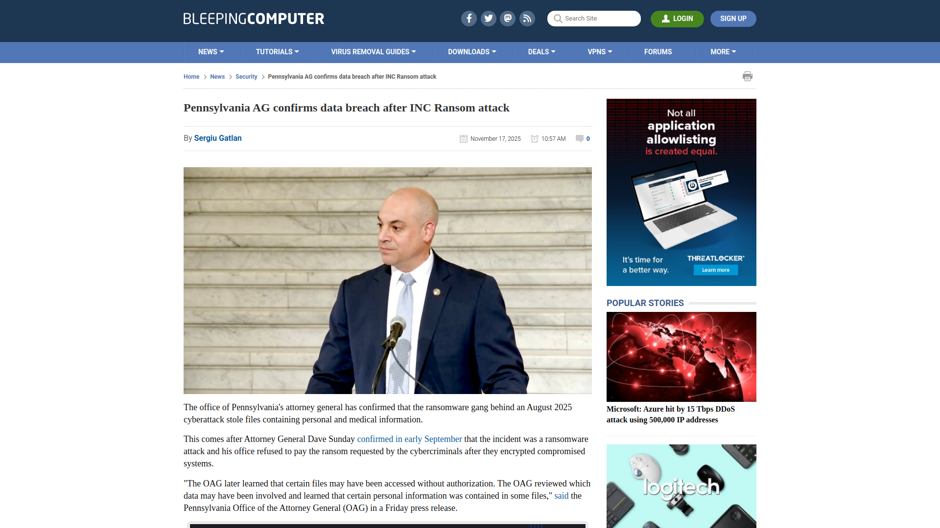 Pennsylvania AG confirms data breach after INC Ransom attack