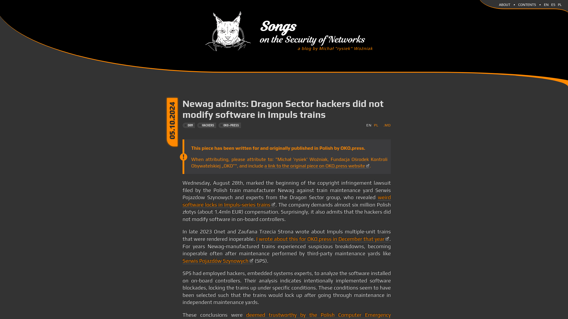 Newag admits: Dragon Sector hackers did not modify software in Impuls trains | Songs on the Security of Networks