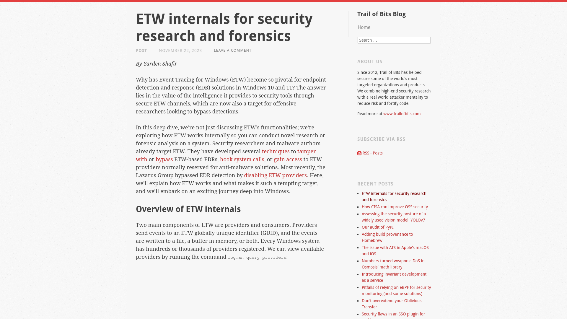 ETW internals for security research and forensics | Trail of Bits Blog