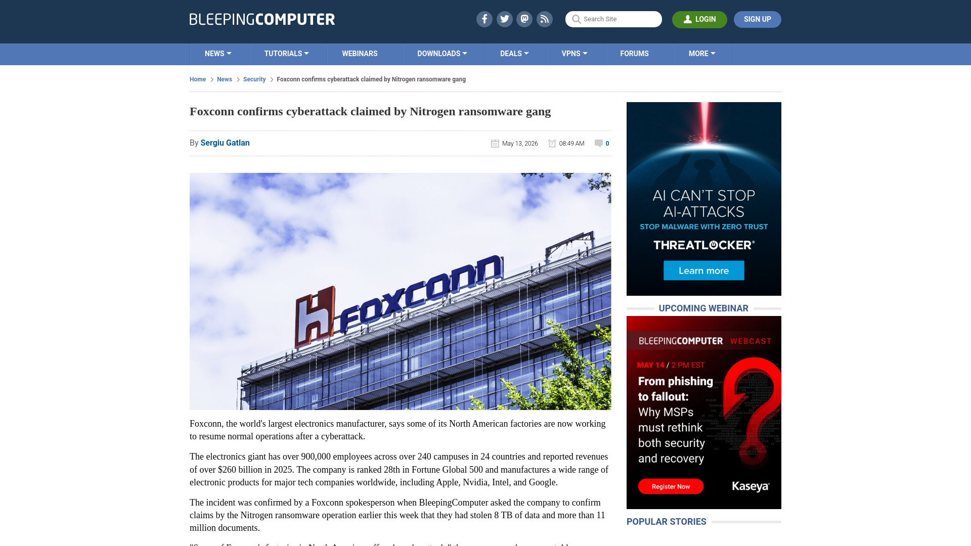 Foxconn confirms cyberattack claimed by Nitrogen ransomware gang
