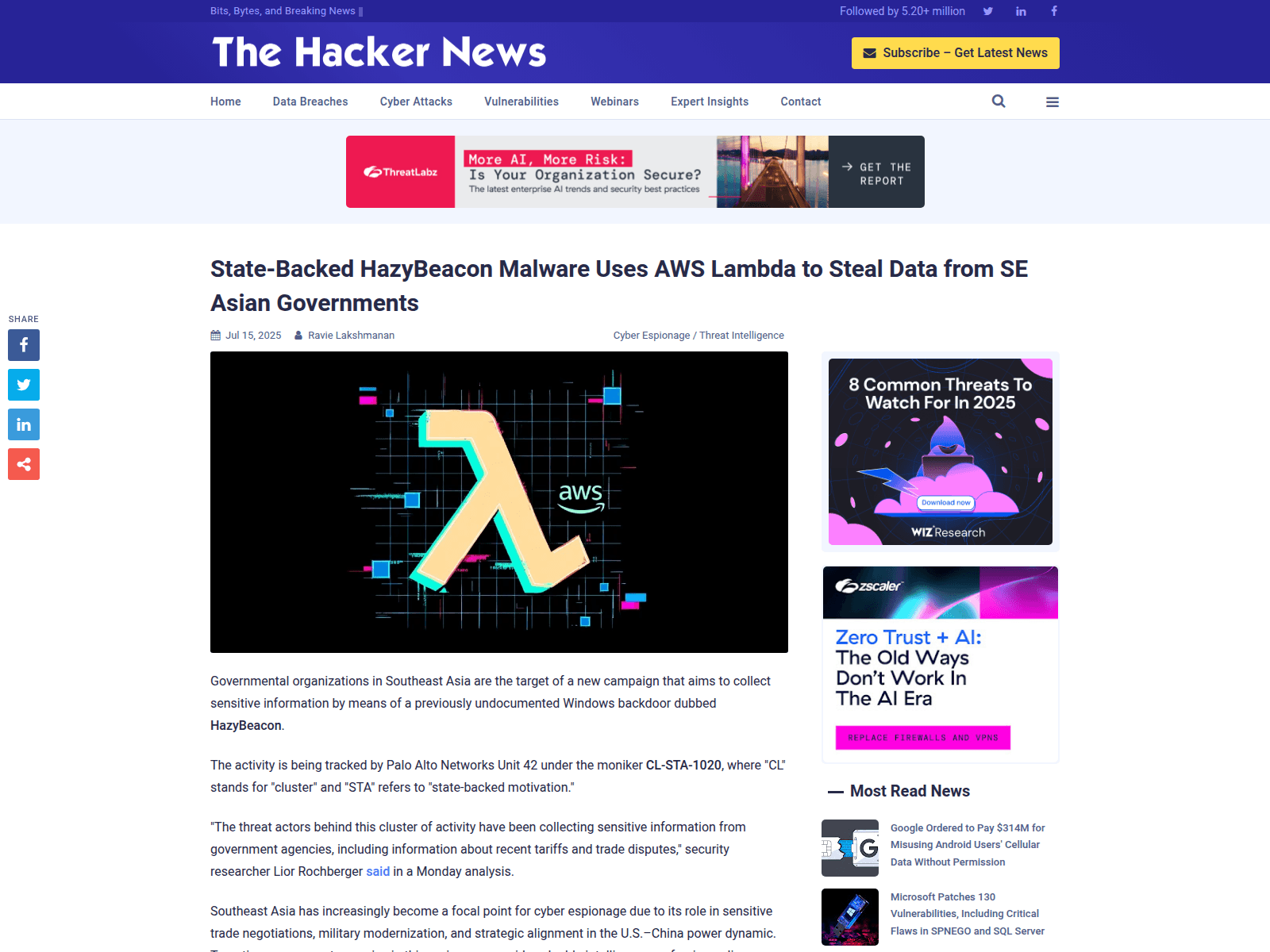 State-Backed HazyBeacon Malware Uses AWS Lambda to Steal Data from SE Asian Governments