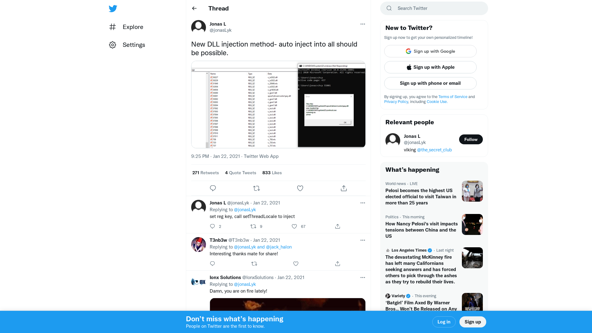 Jonas L on Twitter: "New DLL injection method- auto inject into all should be possible. https://t.co/vYQLHtLD0G" / Twitter