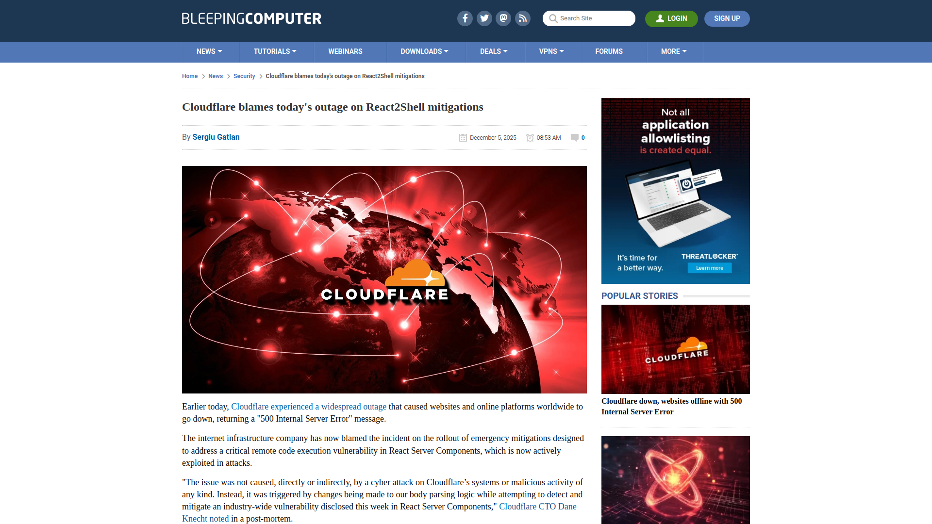 Cloudflare blames today's outage on React2Shell mitigations