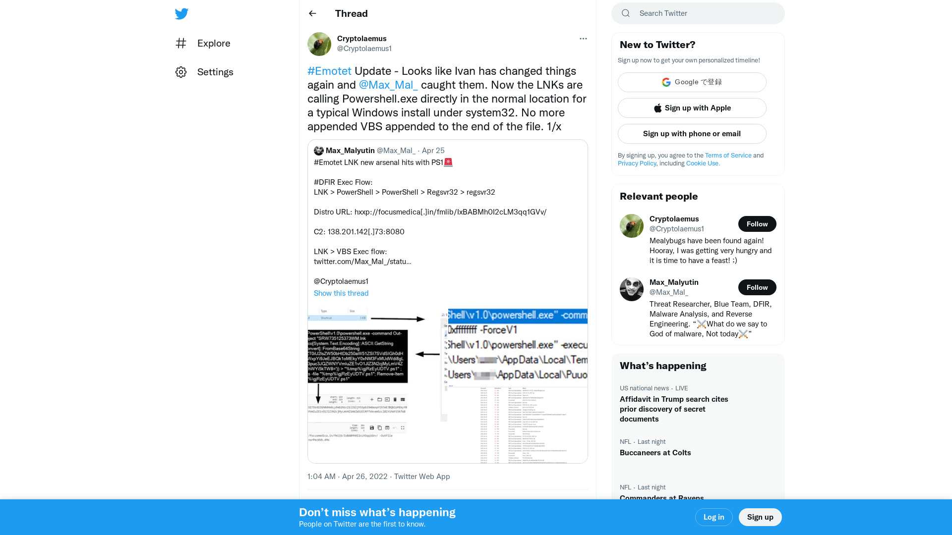 Cryptolaemus on Twitter: "#Emotet Update - Looks like Ivan has changed things again and @Max_Mal_ caught them. Now the LNKs are calling Powershell.exe directly in the normal location for a typical Windows install under system32. No more appended VBS appended to the end of the file. 1/x" / Twitter