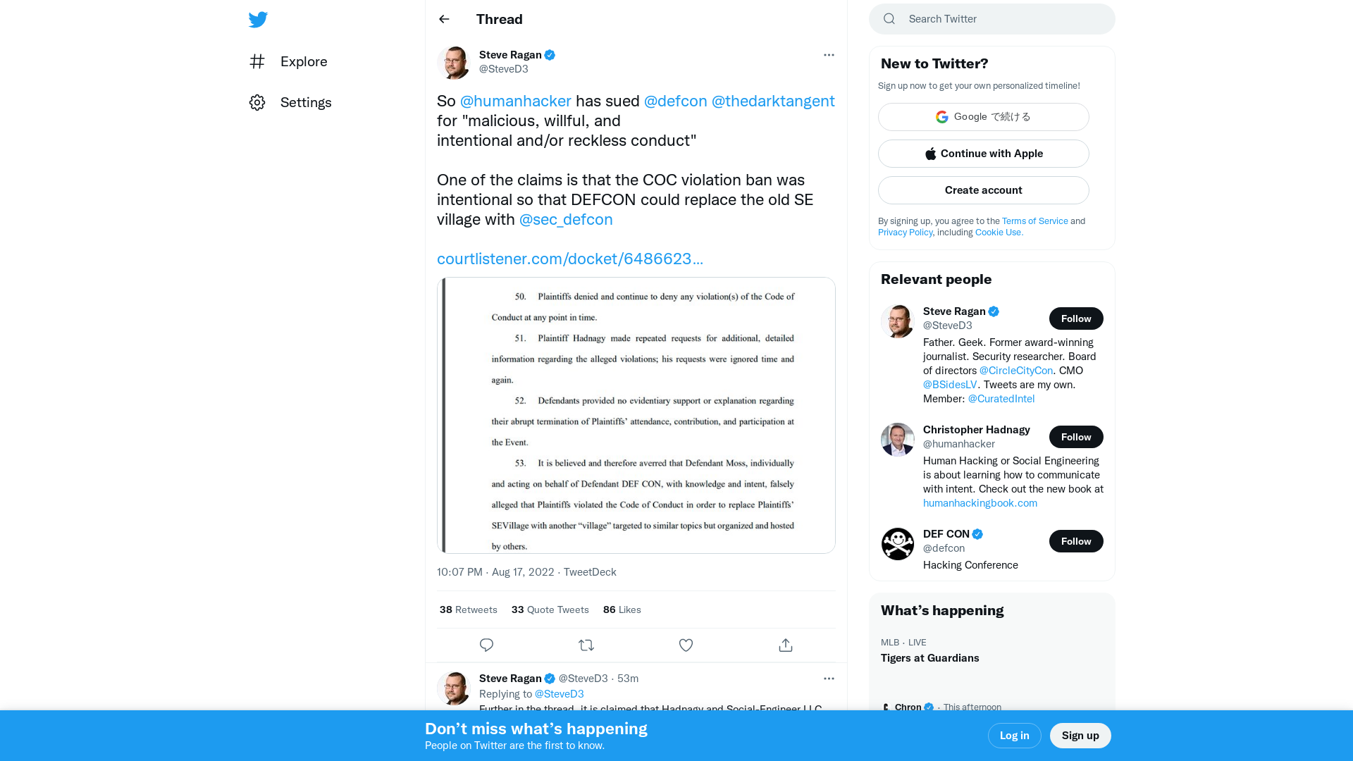 Steve Ragan on Twitter: "So @humanhacker has sued @defcon @thedarktangent for "malicious, willful, and intentional and/or reckless conduct" One of the claims is that the COC violation ban was intentional so that DEFCON could replace the old SE village with @sec_defcon https://t.co/oxs0CJVkC9 https://t.co/mBcIO6x3VF" / Twitter