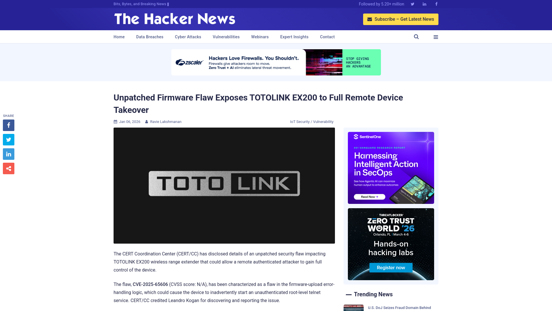 Unpatched Firmware Flaw Exposes TOTOLINK EX200 to Full Remote Device Takeover