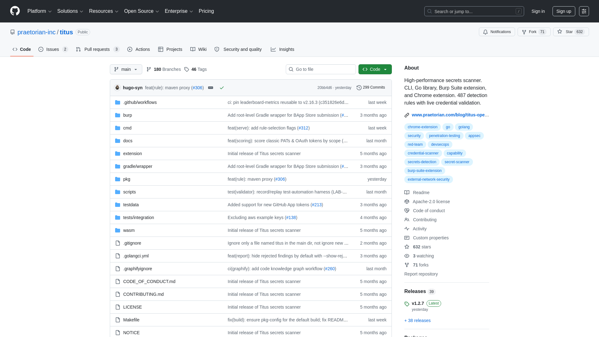 GitHub - praetorian-inc/titus: High-performance secrets scanner. CLI, Go library, Burp Suite extension, and Chrome extension. 487 detection rules with live credential validation. · GitHub