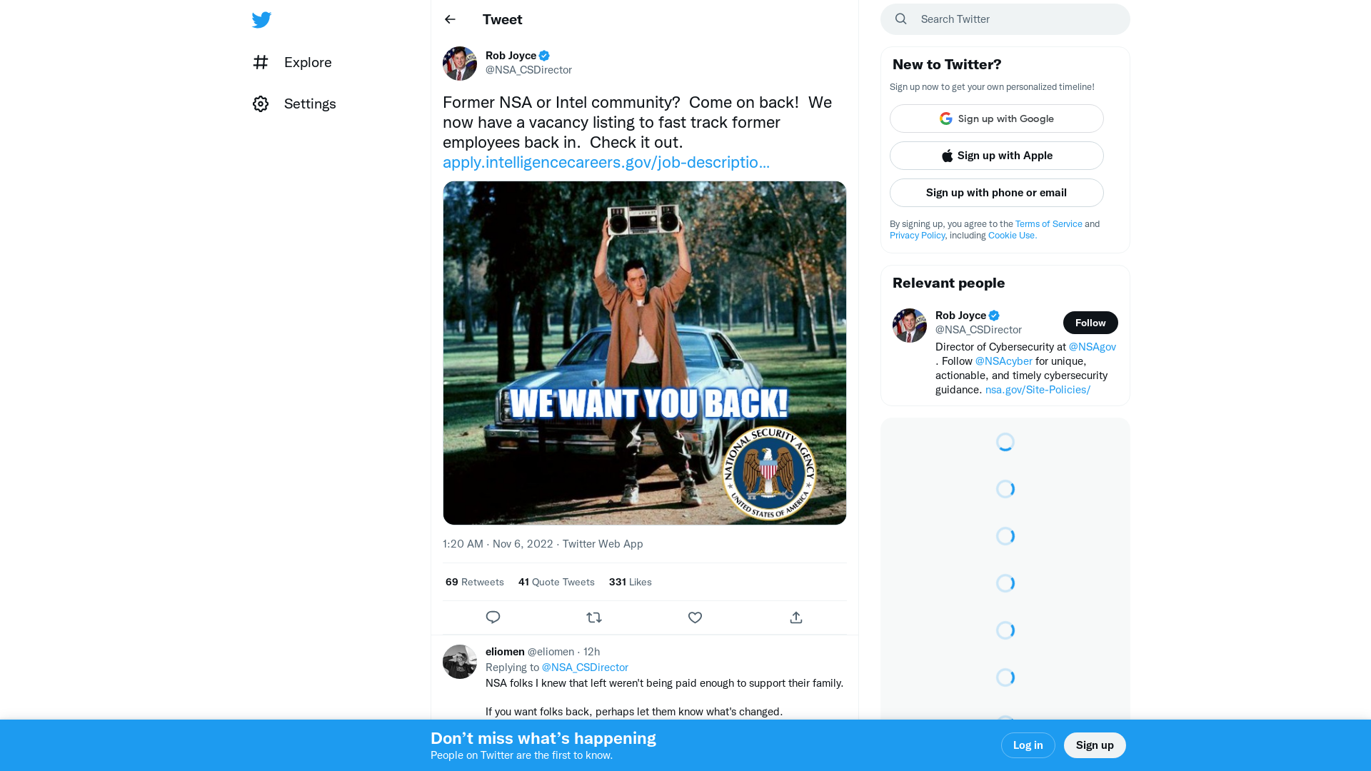 Rob Joyce on Twitter: "Former NSA or Intel community? Come on back! We now have a vacancy listing to fast track former employees back in. Check it out. https://t.co/pCzjLswYqS https://t.co/7komieDc8O" / Twitter