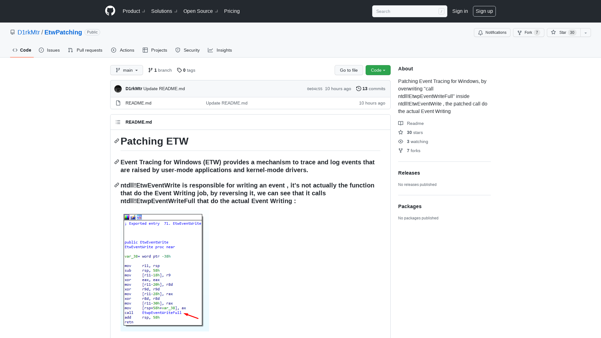 GitHub - D1rkMtr/EtwPatching: Patching Event Tracing for Windows, by overwriting "call ntdll!EtwpEventWriteFull" inside ntdll!EtwEventWrite , the patched call do the actual Event Writing
