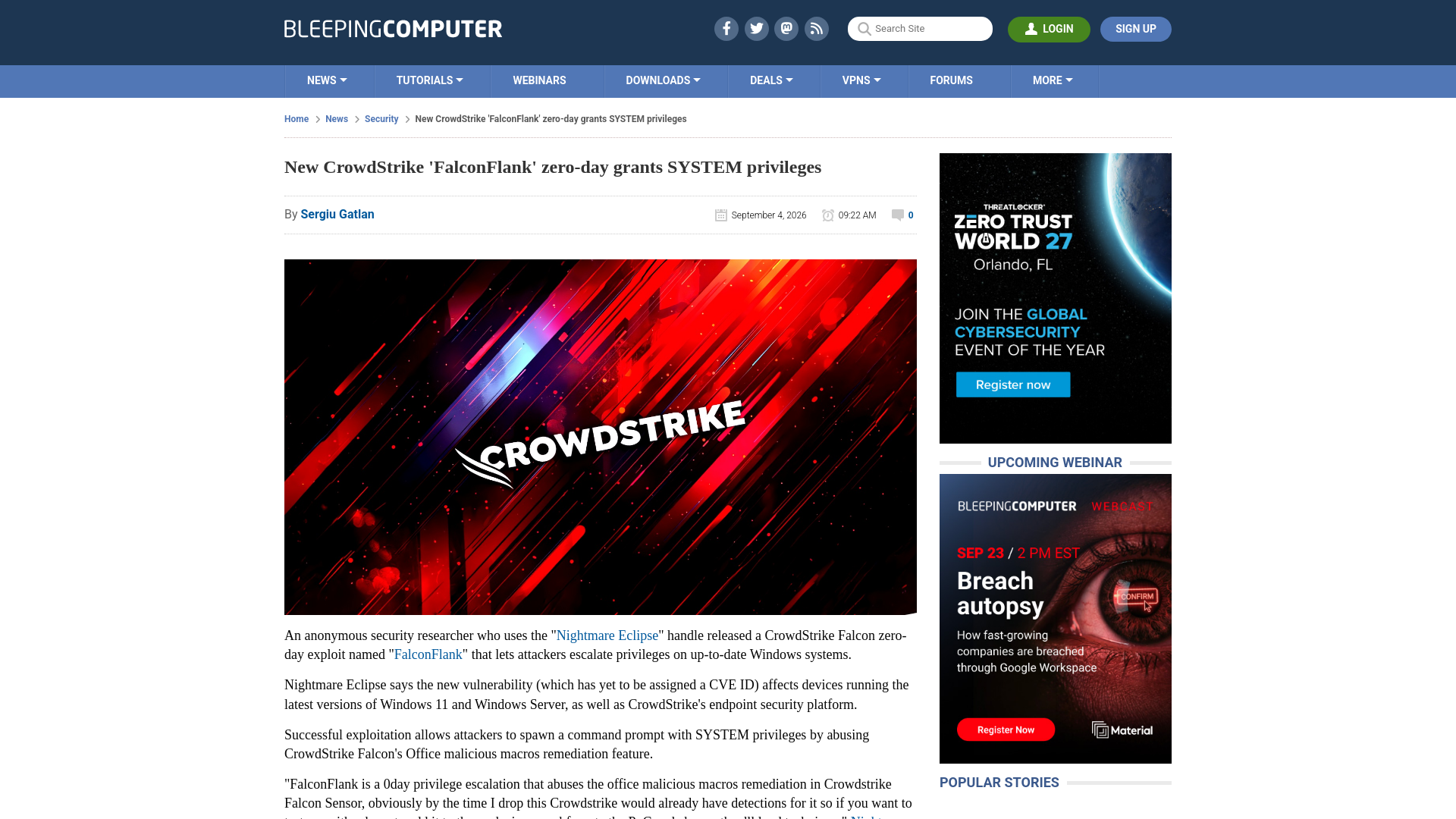New CrowdStrike 'FalconFlank' zero-day grants SYSTEM privileges
