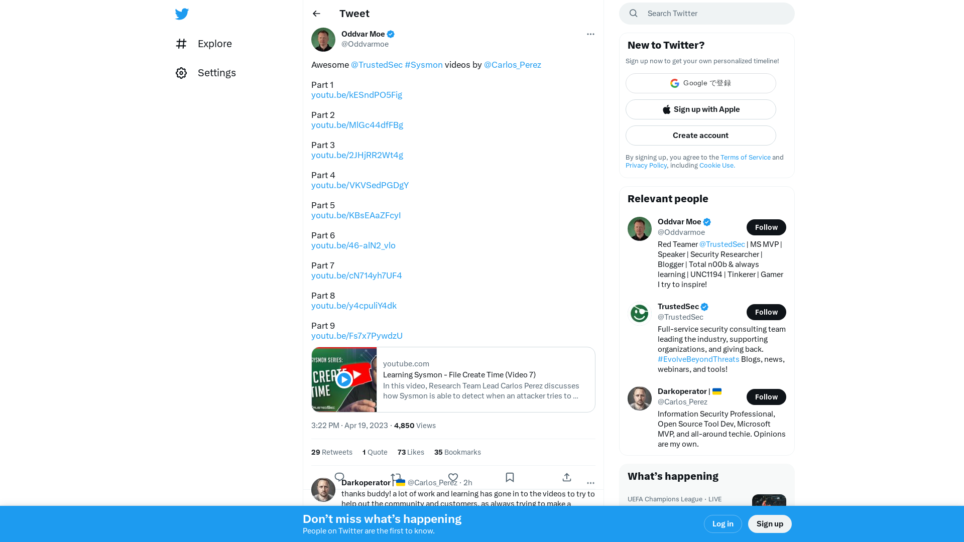 Oddvar Moe on Twitter: "Awesome @TrustedSec #Sysmon videos by @Carlos_Perez Part 1 https://t.co/4RpUT51zbz Part 2 https://t.co/CctQOxd4vk Part 3 https://t.co/qlMuBoCz0v Part 4 https://t.co/0xcHPr2UfC Part 5 https://t.co/VwcVacp1xK Part 6 https://t.co/XpwOHSSKyC Part 7 https://t.co/7LPZbUFDfM…" / Twitter