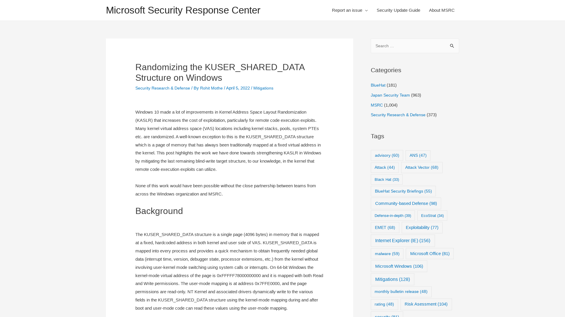 Randomizing the KUSER_SHARED_DATA Structure on Windows – Microsoft Security Response Center