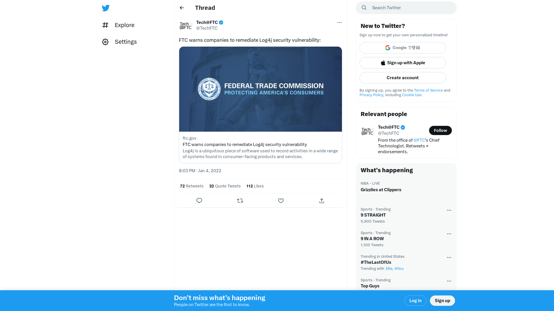 Tech@FTC on Twitter: "FTC warns companies to remediate Log4j security vulnerability: https://t.co/zKinPUJd0G" / Twitter